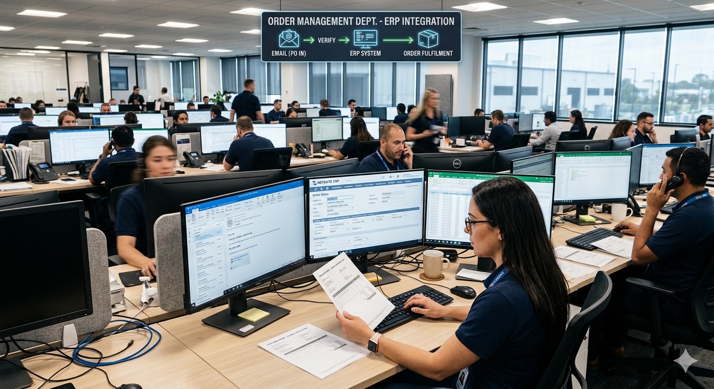 B2B wholesale order automation — warehouse with purchase orders